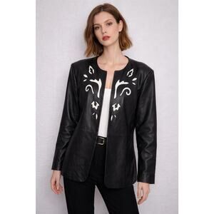 Vintage Pamela Mccoy Black Leather Jacket White Appliqué